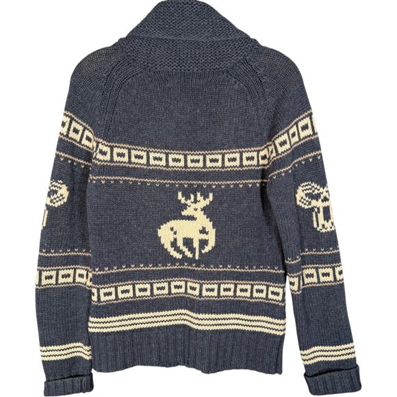 Aritzia TNA Sea to Sky Blue Deer Motif Cowichan Cardigan Sweater Lambswool L - Picture 2 of 10